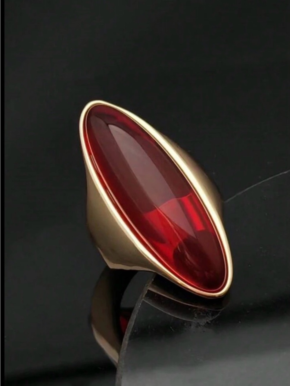 Stainless steel Gold Statement Ring with Deep Red Cabochon